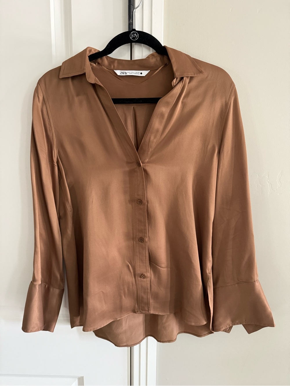 ZARA Tan Copper Satin Long Sleeve Button Down Blouse Top | Size S NWOT